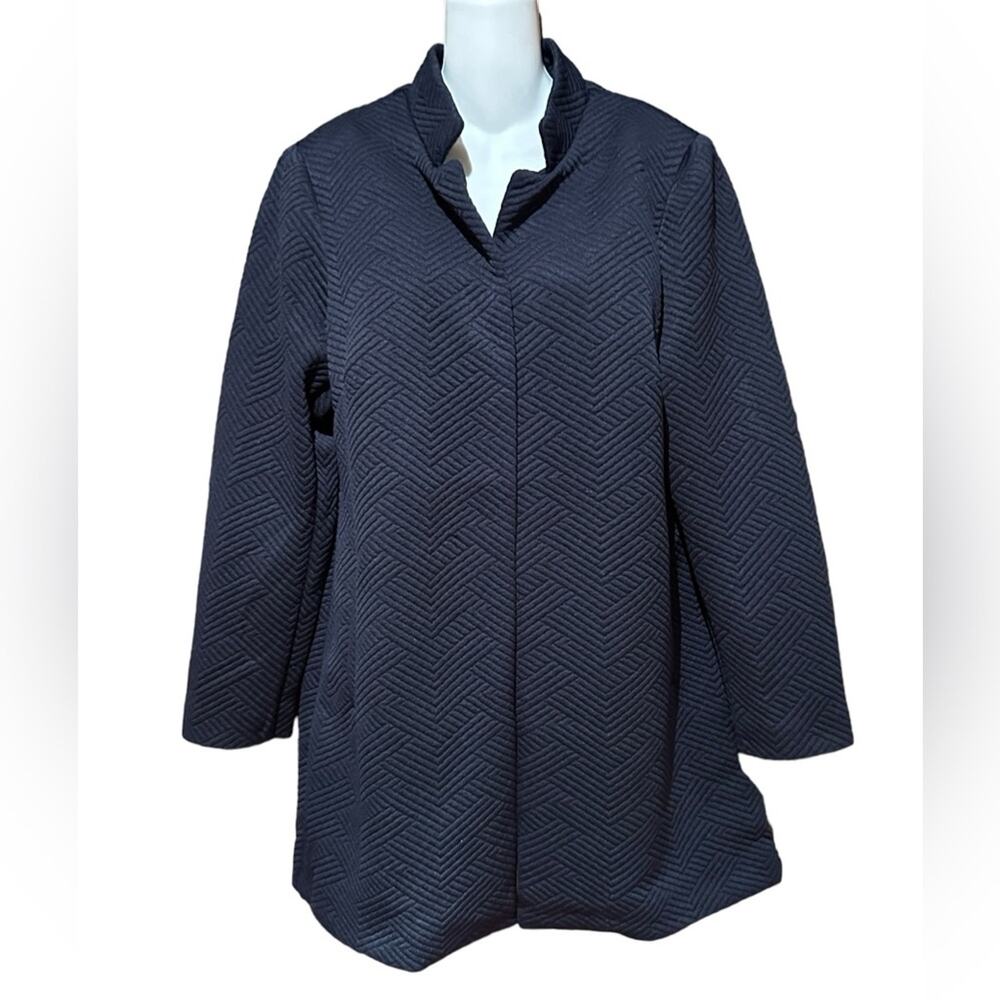 Chico’s Size 2 (12/14) Navy Blue Unstructured Longline Jacket Textured Pattern